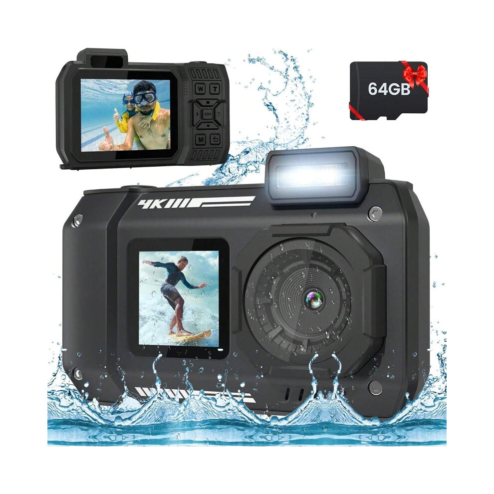 33FT 4K Waterproof Underwater Camera, 65MP Dual-Screen Selfie, Rugged Dustproof Shockproof, 64GB Card Included