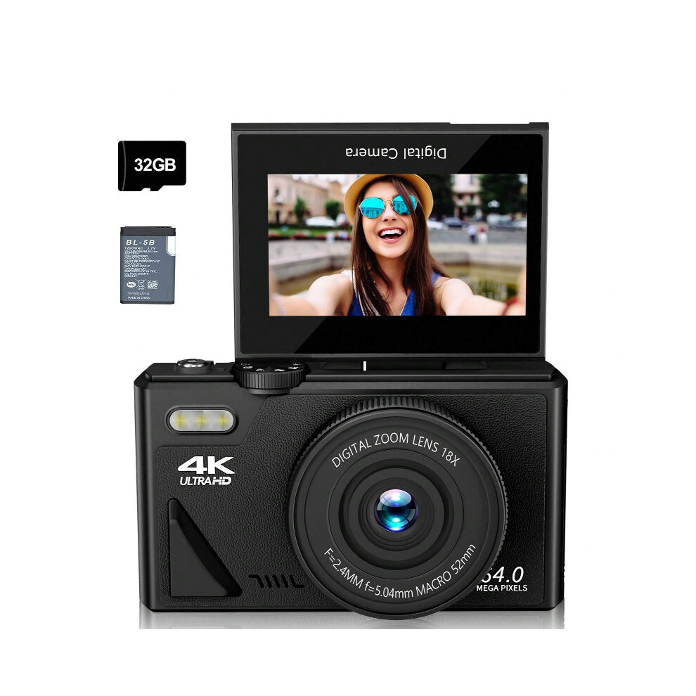 4K 64MP Vlogging Camera with 32G TF Card, 3" Flip Screen, 16X Zoom, Flash, Compact for Travel