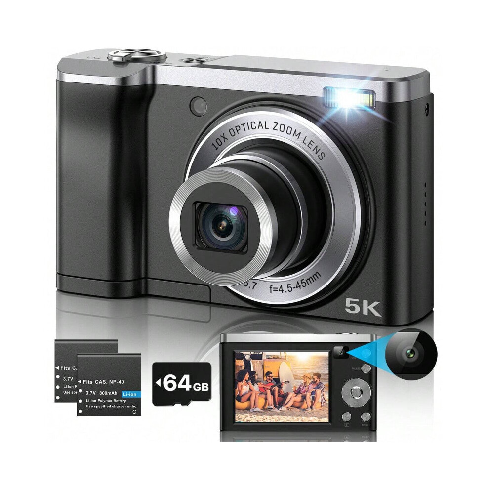 5K Digital Camera 5600 Megapixel, Auto-Focus, 10x Optical Zoom, Vlogging, IPS HD Display, 64GB SD Card