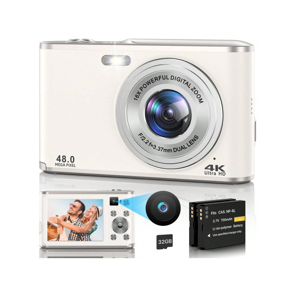 (White) Digital Camera, Auto Focus Full HD 4K Vlogging Camcorder, 48MP 16X Zoom, 32GB Card Included