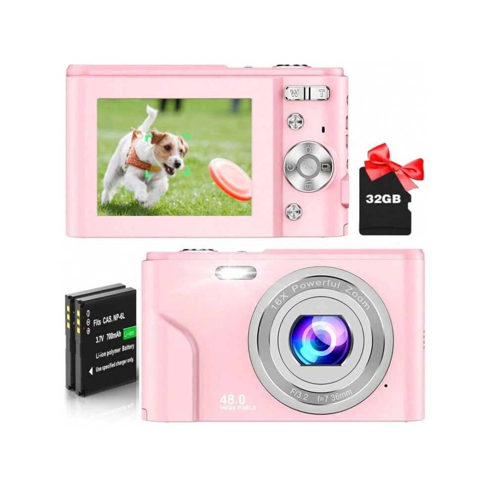 (Pink) FHD 1080P 48MP Digital Camera with 16X Zoom, 32GB SD Card, 2 Batteries, Compact Mini