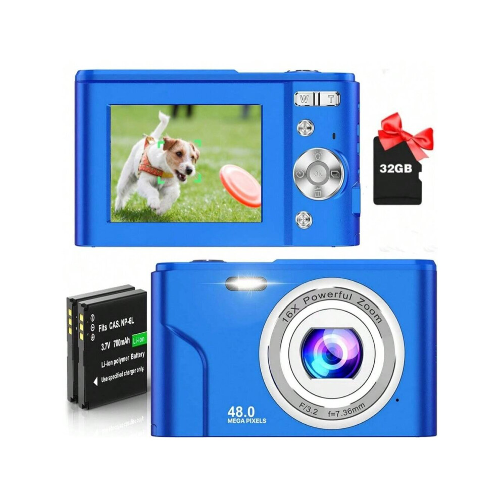 (Navy Blue) FHD 1080P 48MP Digital Camera with 16X Zoom, 32GB SD Card, 2 Batteries, Compact Mini