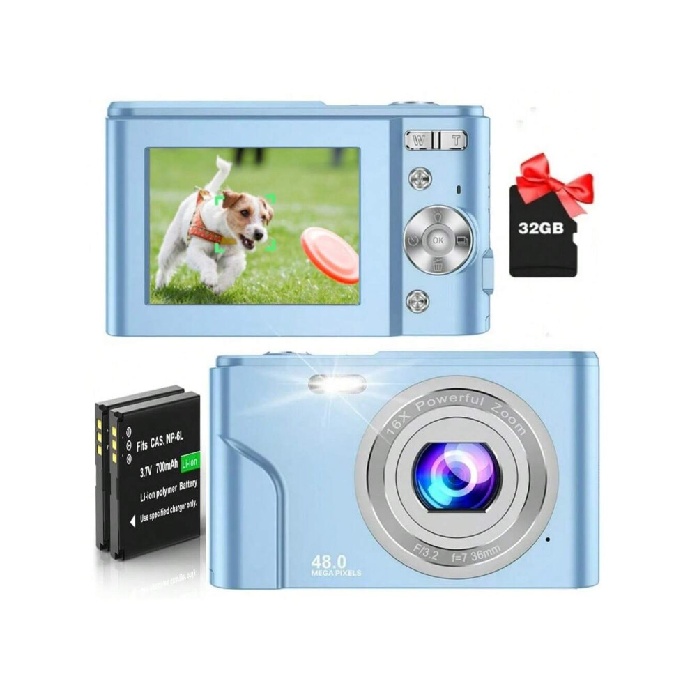 (Baby Blue) FHD 1080P 48MP Digital Camera with 16X Zoom, 32GB SD Card, 2 Batteries, Compact Mini-image-OPC-PFK9KYF-NEW