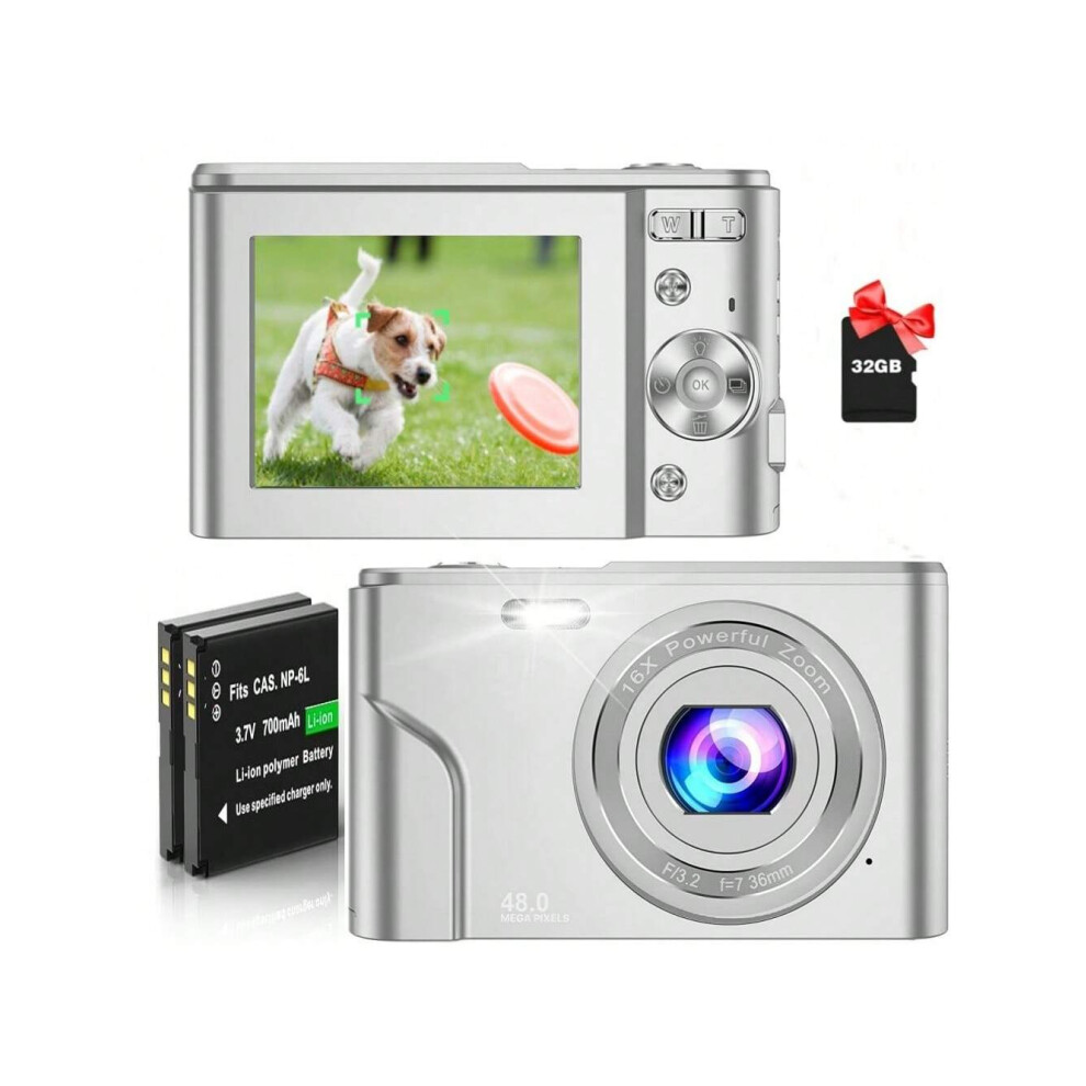 (Silver) FHD 1080P 48MP Digital Camera with 16X Zoom, 32GB SD Card, 2 Batteries, Compact Mini