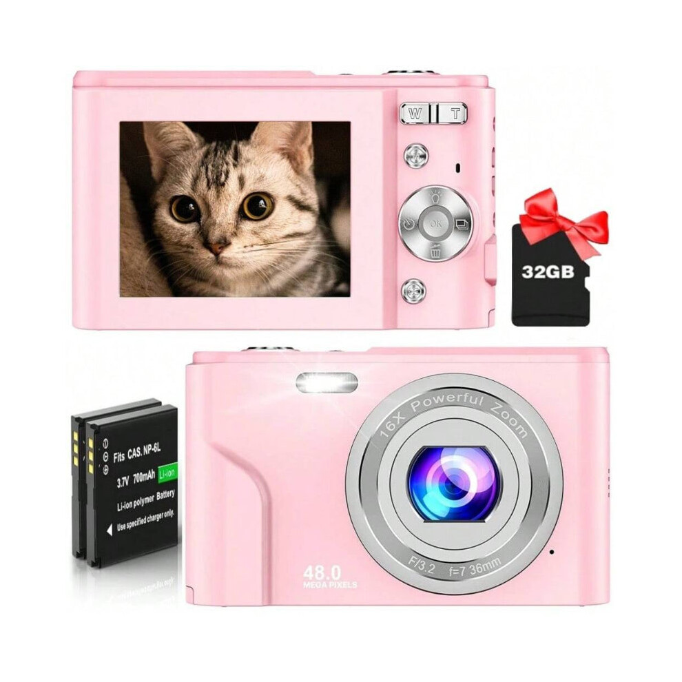 (Pink) FHD 1080P 48MP Digital Camera, 16X Zoom, Beginner-Friendly, Mini Camera with 2 Batteries & 32GB SD Card