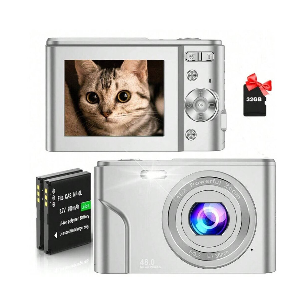 (Silver) FHD 1080P 48MP Digital Camera, 16X Zoom, Beginner-Friendly, Mini Camera with 2 Batteries & 32GB SD Card