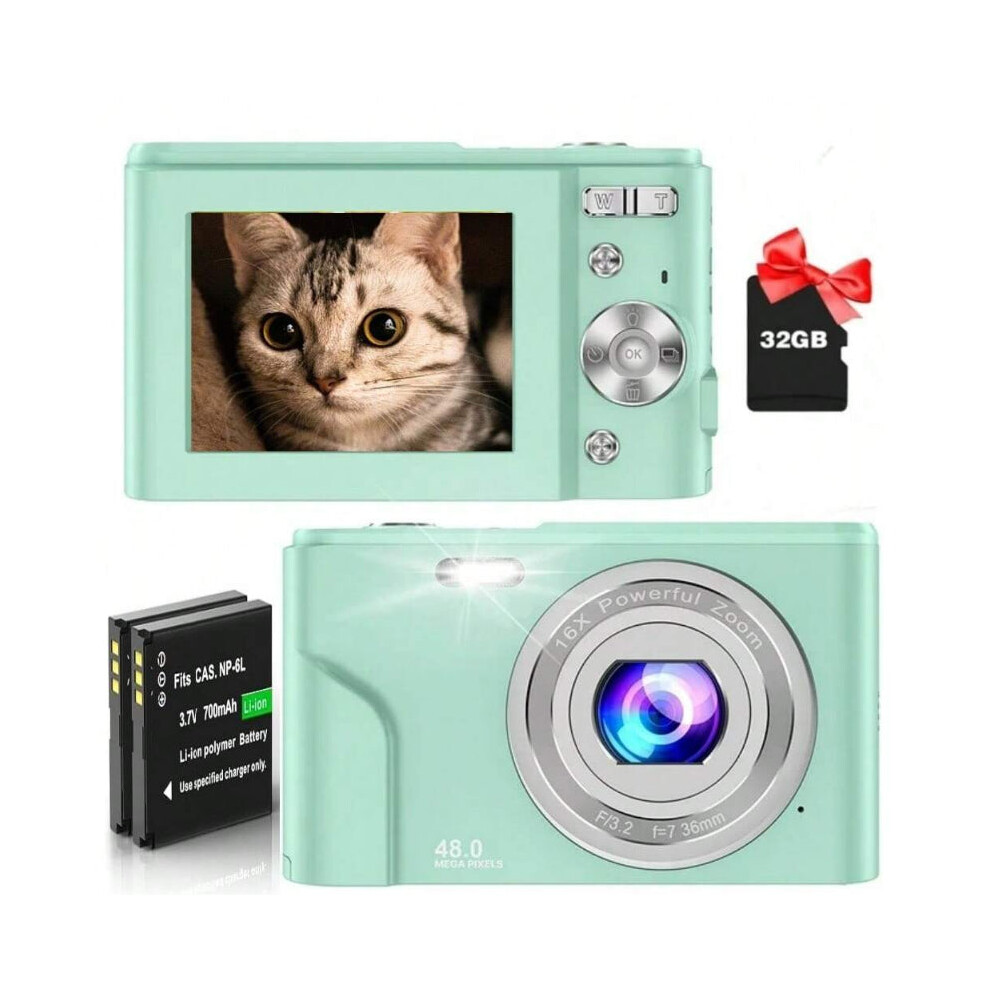 (Green) FHD 1080P 48MP Digital Camera, 16X Zoom, Beginner-Friendly, Mini Camera with 2 Batteries & 32GB SD Card