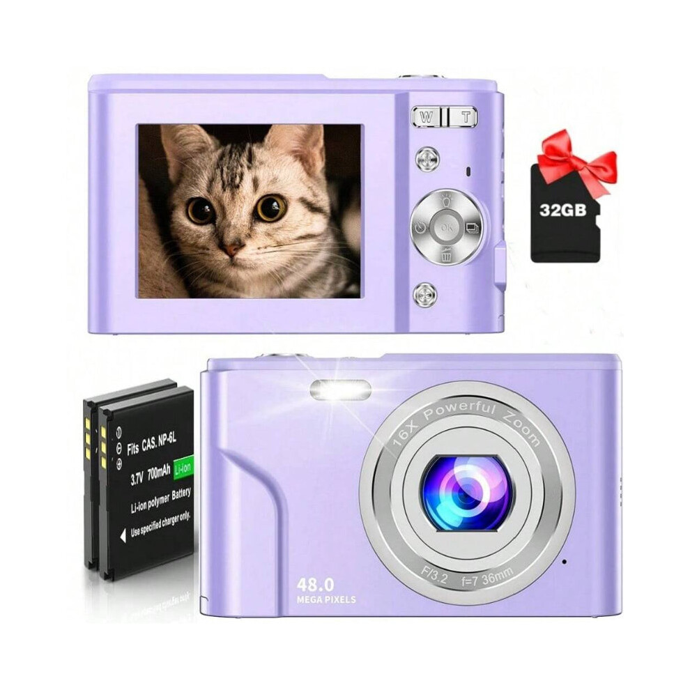 (Purple) FHD 1080P 48MP Digital Camera, 16X Zoom, Beginner-Friendly, Mini Camera with 2 Batteries & 32GB SD Card