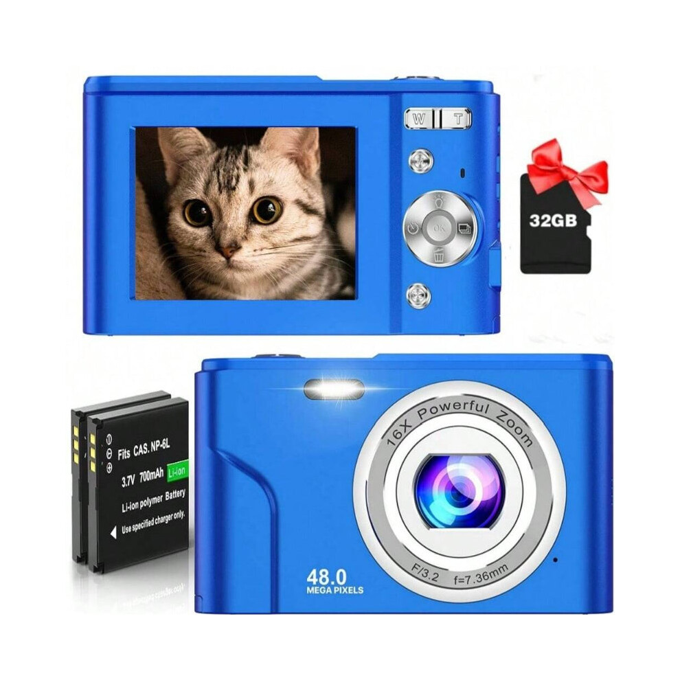 (Blue) FHD 1080P 48MP Digital Camera, 16X Zoom, Beginner-Friendly, Mini Camera with 2 Batteries & 32GB SD Card