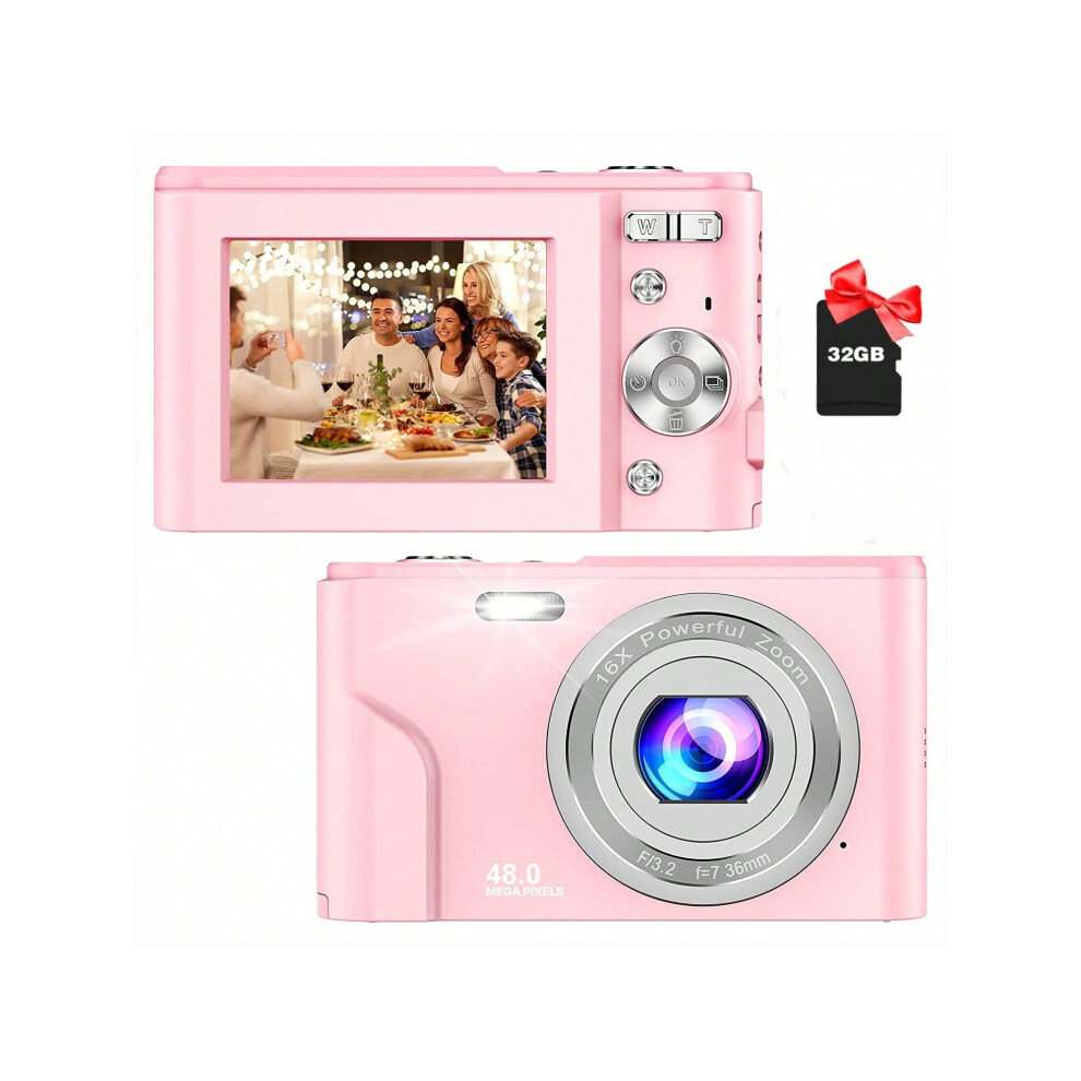 (Baby Pink) Kids Digital Camera, 1080P 48MP with 32GB SD Card, 2.4 Inch Screen, 16X Zoom, Compact Mini