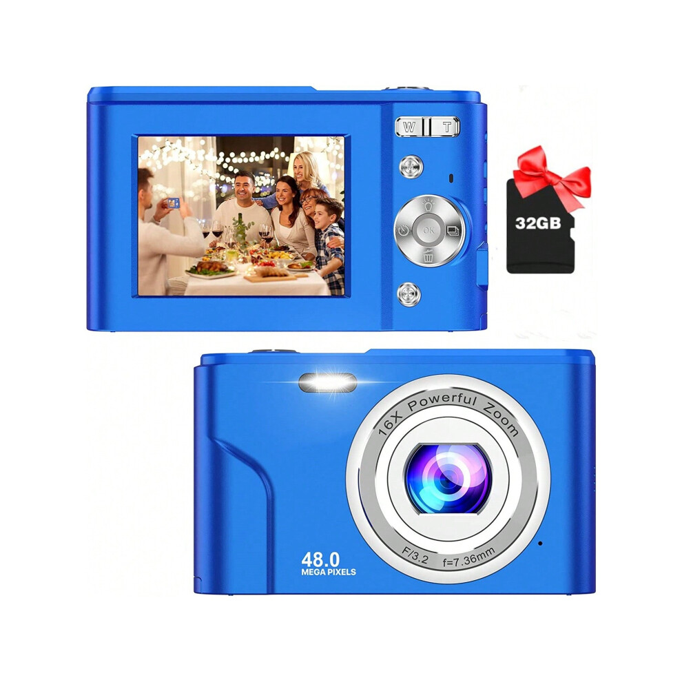 (Royal Blue) Kids Digital Camera, 1080P 48MP with 32GB SD Card, 2.4 Inch Screen, 16X Zoom, Compact Mini