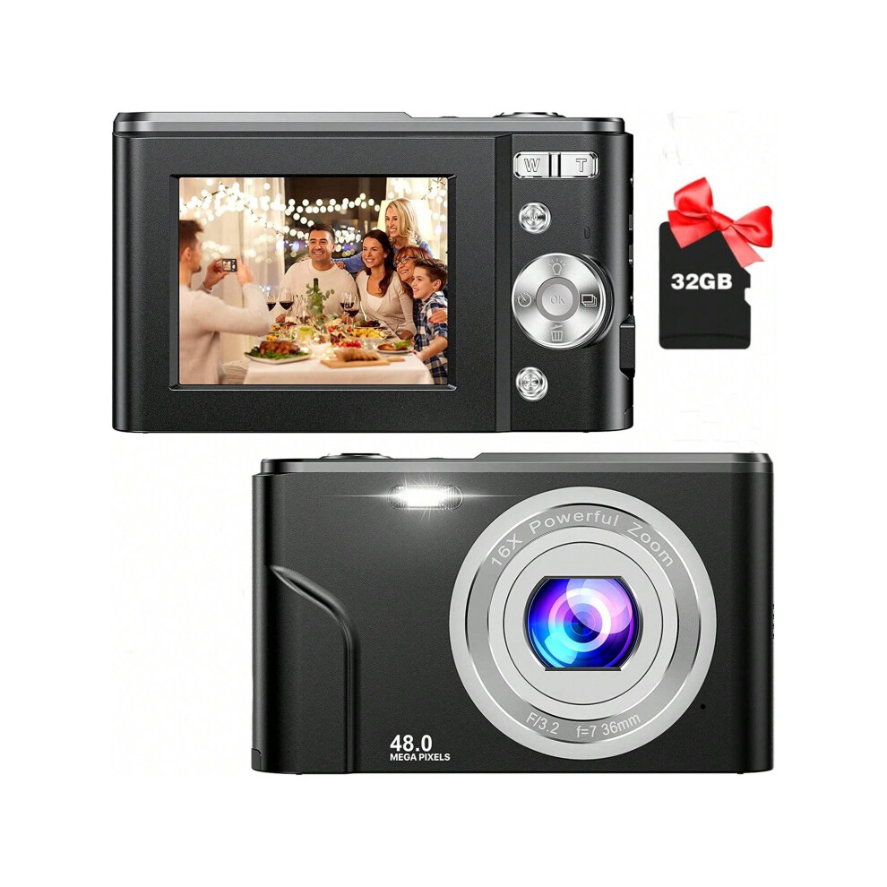 (Black) Kids Digital Camera, 1080P 48MP with 32GB SD Card, 2.4 Inch Screen, 16X Zoom, Compact Mini