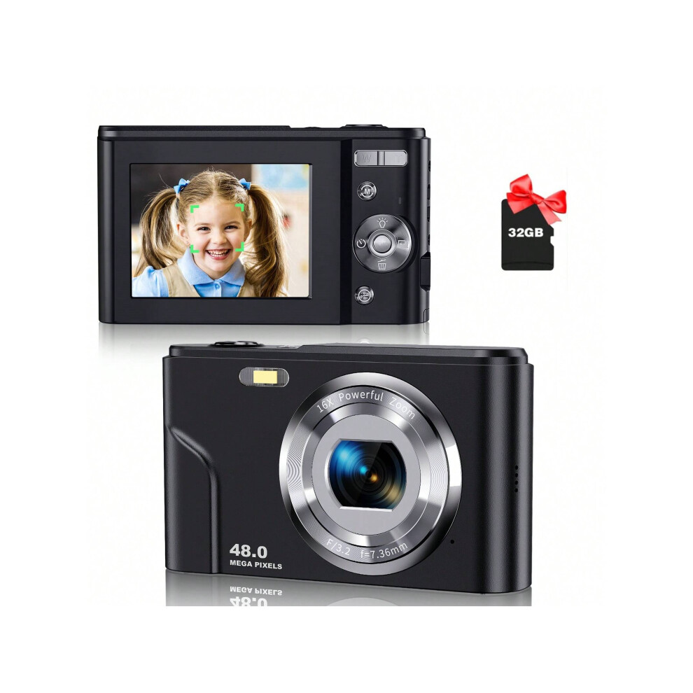 (Black) Auto Focus Digital Camera, FHD 1080P/48MP, 32GB Card, 16X Zoom, Portable for Beginners