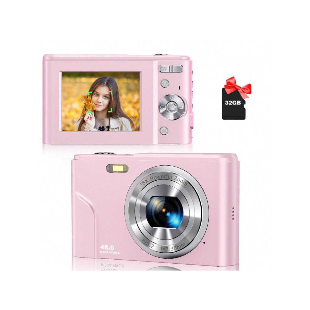 (Pink) Auto Focus Digital Camera, FHD 1080P/48MP, 32GB Card, 16X Zoom, Portable for Beginners