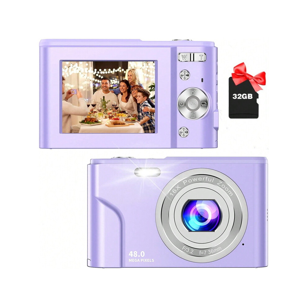 (Purple) Auto Focus Digital Camera, FHD 1080P/48MP, 32GB Card, 16X Zoom, Portable for Beginners