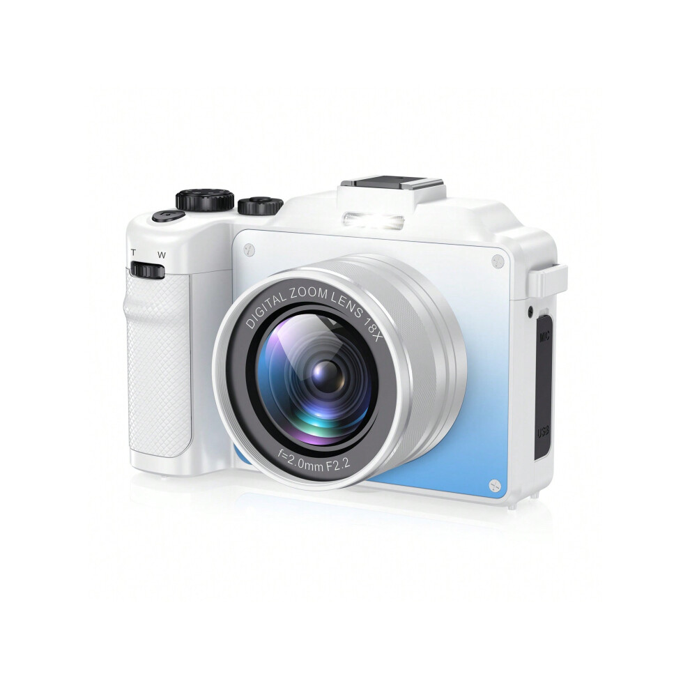 (White) 4K Digital Camera 48MP, Anti-Shake, 18X Zoom, WiFi, Autofocus, Compact Vlogging Camera with TF Card, 2 Batteries