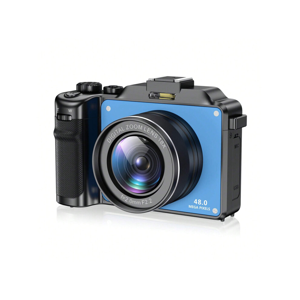 (Blue) 4K Digital Camera 48MP, Anti-Shake, 18X Zoom, WiFi, Autofocus, Compact Vlogging Camera with TF Card, 2 Batteries