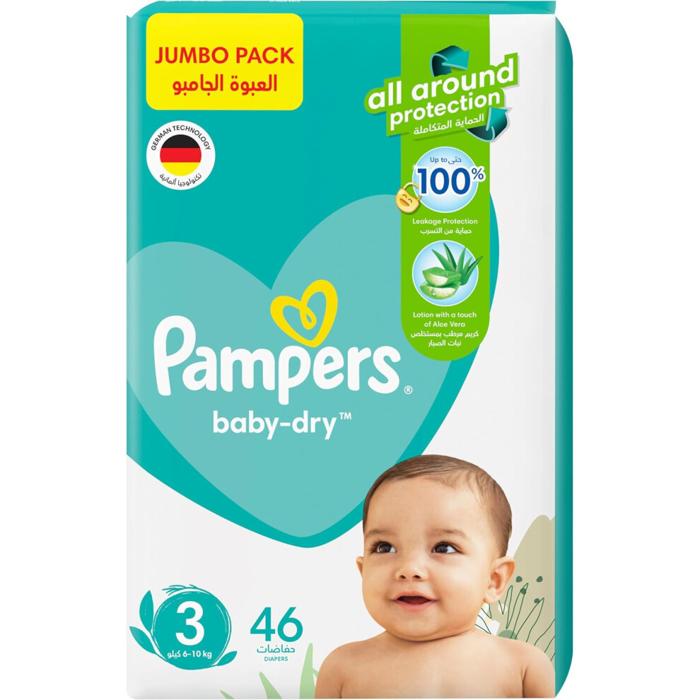 Pampers Baby Dry Taped Diapers with Aloe Vera Lotion Size 3, 6-10kg, 46 Nappies  |100% Leakage Protection |Rash Prevention |Double Leak Guards-image-OPC-PFK9MR5-NEW