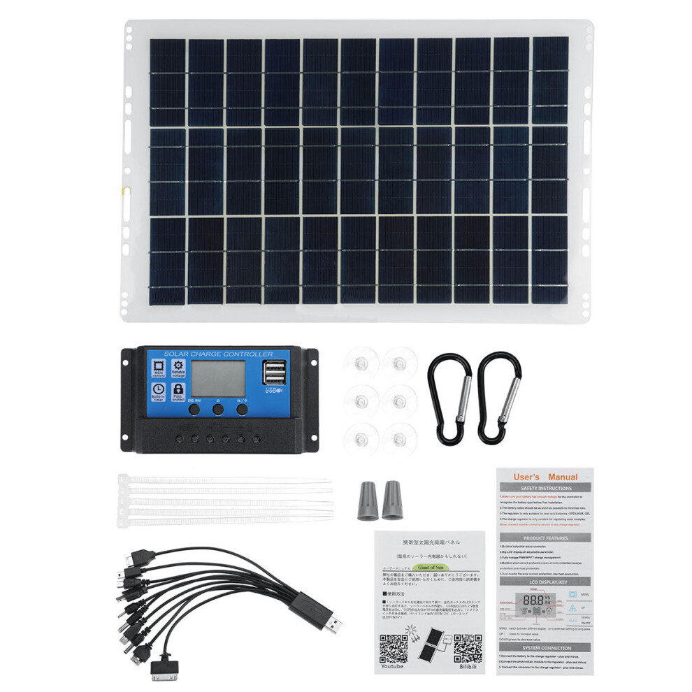 (One Solar panel+10A Controller) Portable Solar Panel Kit 10A/30A/60A/100A USB Battery Charger for Outdoor Camping Travel Caravan Van Boat