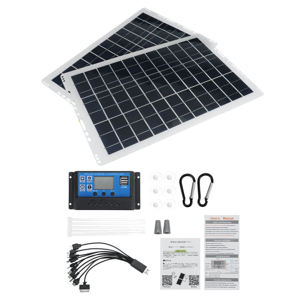 (Two Solar panel+100A Controller) Portable Solar Panel Kit 10A/30A/60A/100A USB Battery Charger for Outdoor Camping Travel Caravan Van Boat