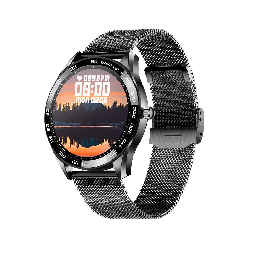 (Black-steel) 1.32 inch Touch Screen Heart Rate Blood Pressure Oxygen Monitor Customize Watch Face IP67 Waterproof BT5.0 Smart Watch