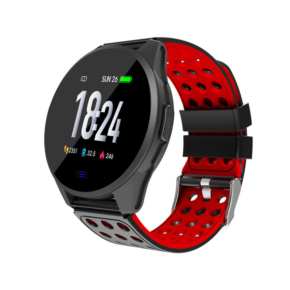 (Red) Tempered Glass Carbon Fiber Case Breathing Light 24hour Heart Rate Long Battery Life Smart Watch