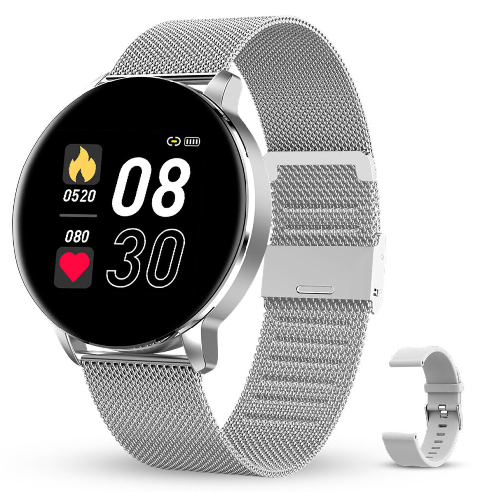 (Silver) 1.3 inch IPS Full Touch Screen Bluetooth 5.0 Heart Rate Blood Pressure SpO2 Monitor Multi-sport Modes Dial Market IP67 Waterproof Smart Watch