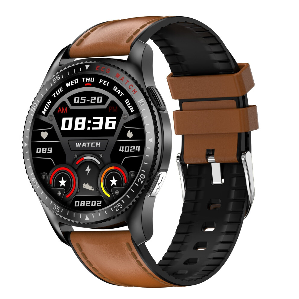 (Black&Brown-Leather + TPU) 1.28 inch Full-Touch Screen ECG+PPG Heart Rate Blood Pressure Oxygen Respiratory Rate Monitor BT Call IP67 Waterproof 250m