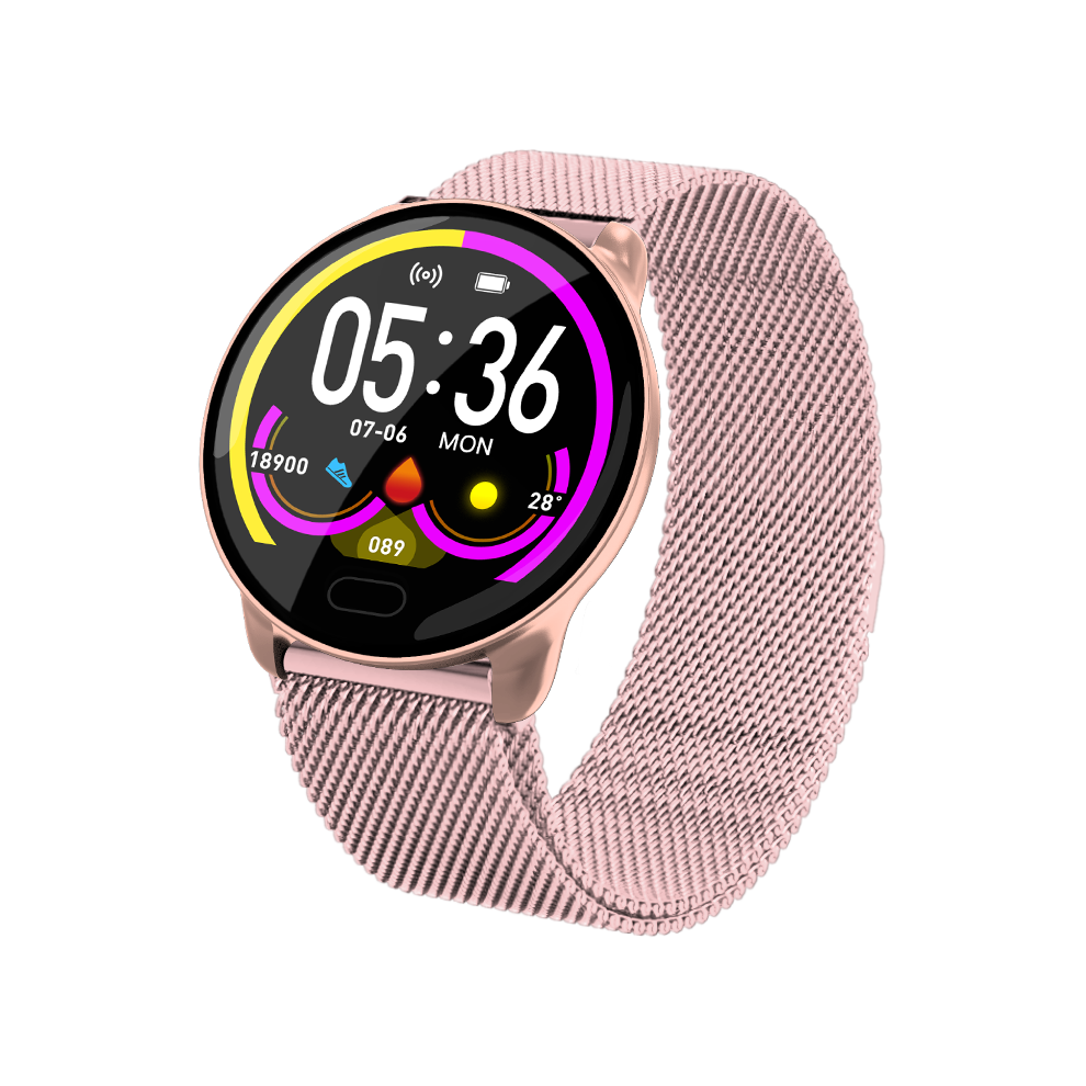 (Pink-Steel) All-day Blood Pressure O2 Monitor Motion Tracking Music Brightness Control Fashion Smart Watch