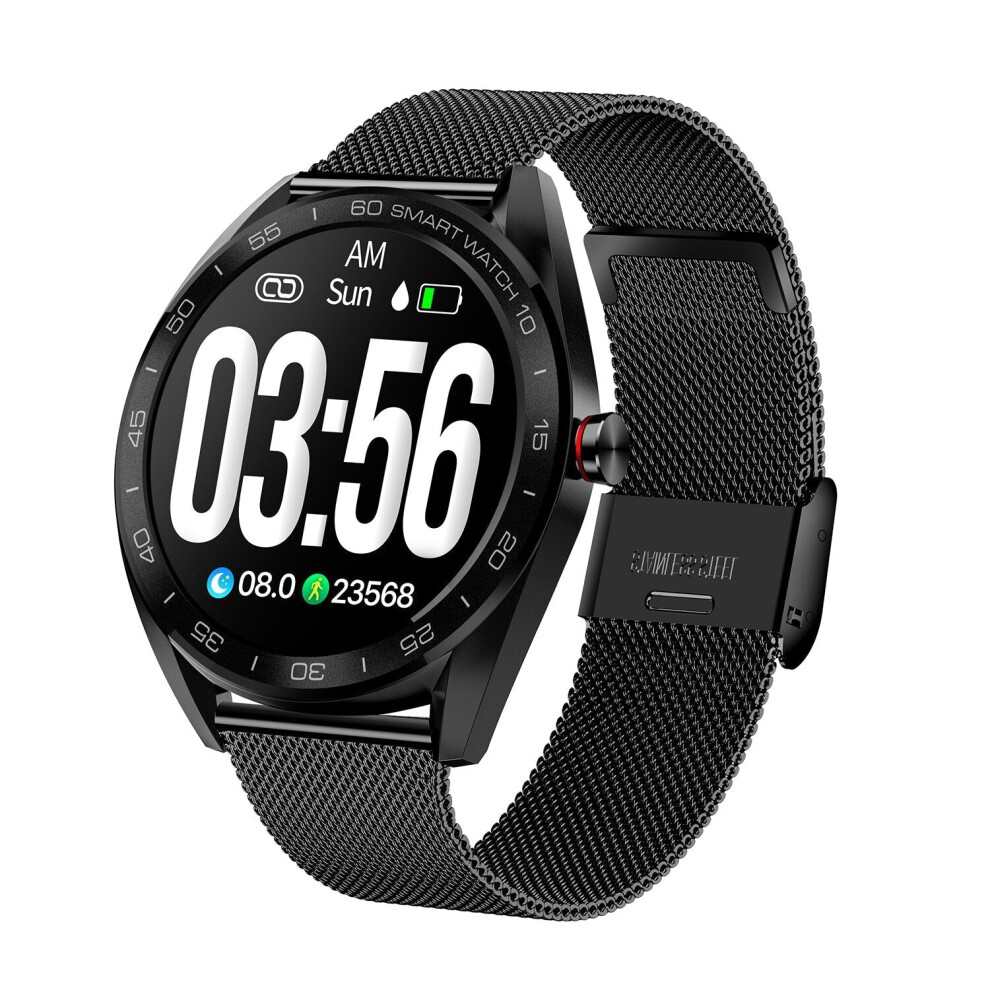 (Black-Stainless Steel) Full Touch Color Screen Smart Watch Multi Function Business Style HR and Blood Pressure Monitor Wristband