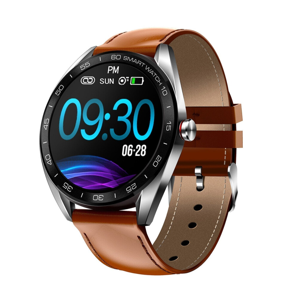 (Brown-Leather) Full Touch Color Screen Smart Watch Multi Function Business Style HR and Blood Pressure Monitor Wristband