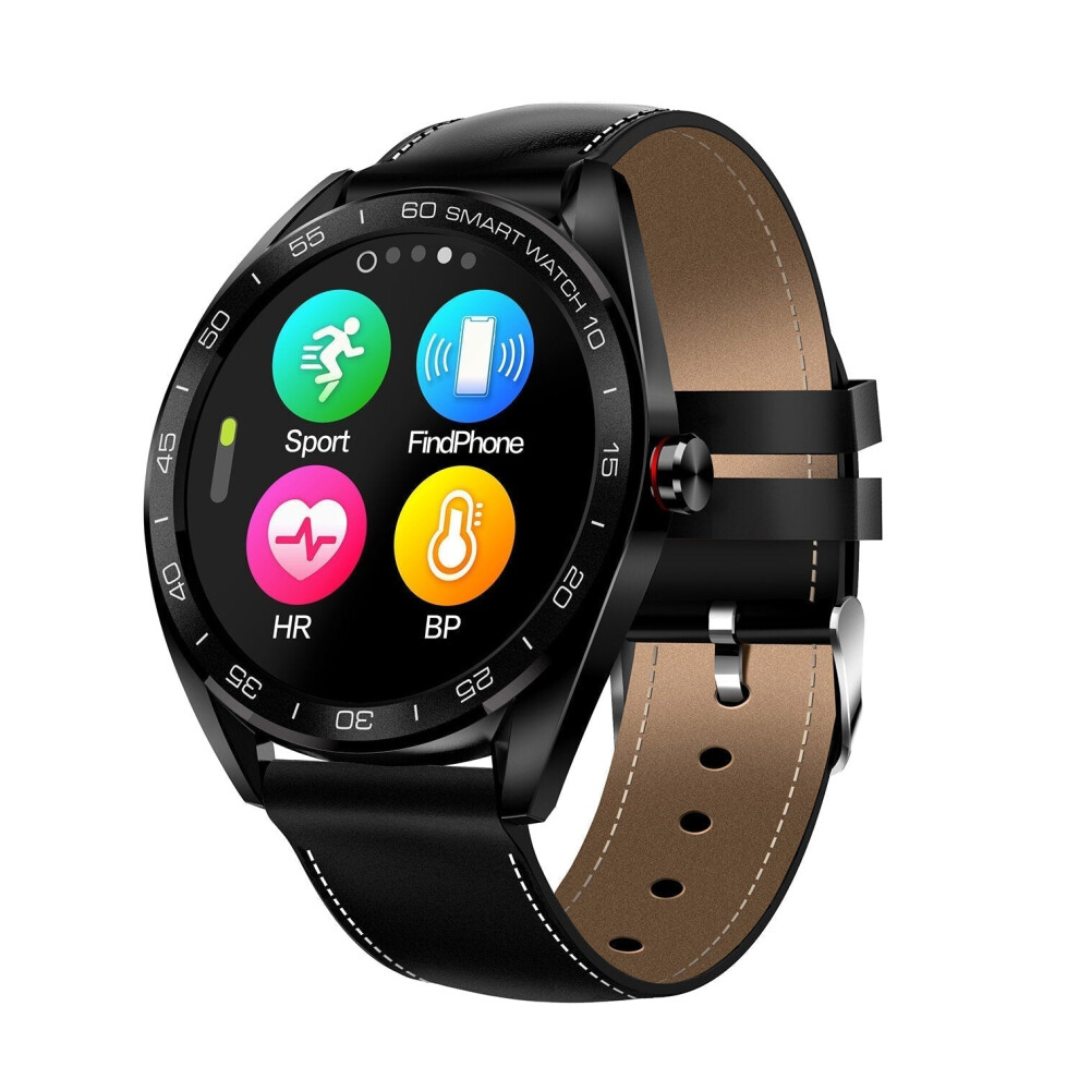 (Black-Leather) Full Touch Color Screen Smart Watch Multi Function Business Style HR and Blood Pressure Monitor Wristband