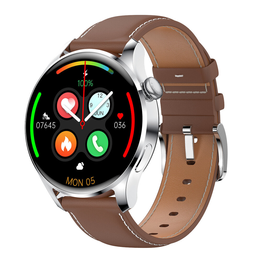 (Brown-leather) 1.35 inch IPS Full-Touch Screen BT Call Dynamic Heart Rate Blood Oxygen Pressure Monitor Professional Motion Analysis