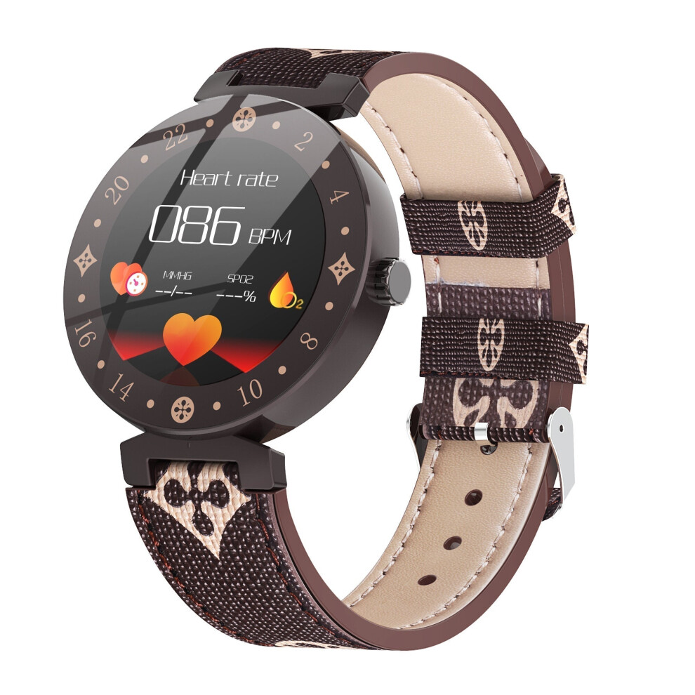 (Coffee) Scratch proof IPS Screen HR Blood Pressure Waterproof Message View Leather Smart Watch