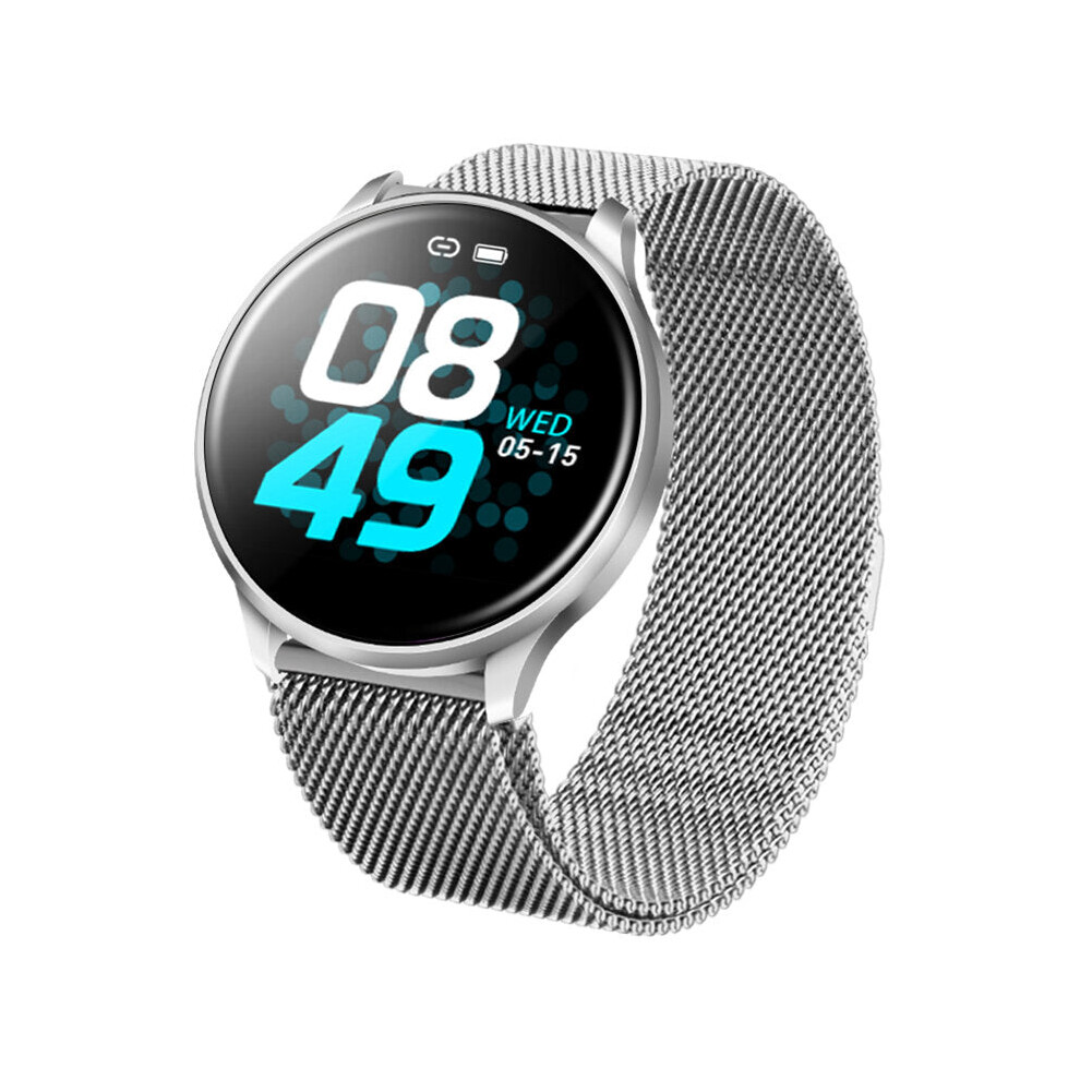 (Silver-Milanese Steel) IPS Full Touch 8 Sports Mode Music Control Weather Blood Oxygen Monitor Smart Watch