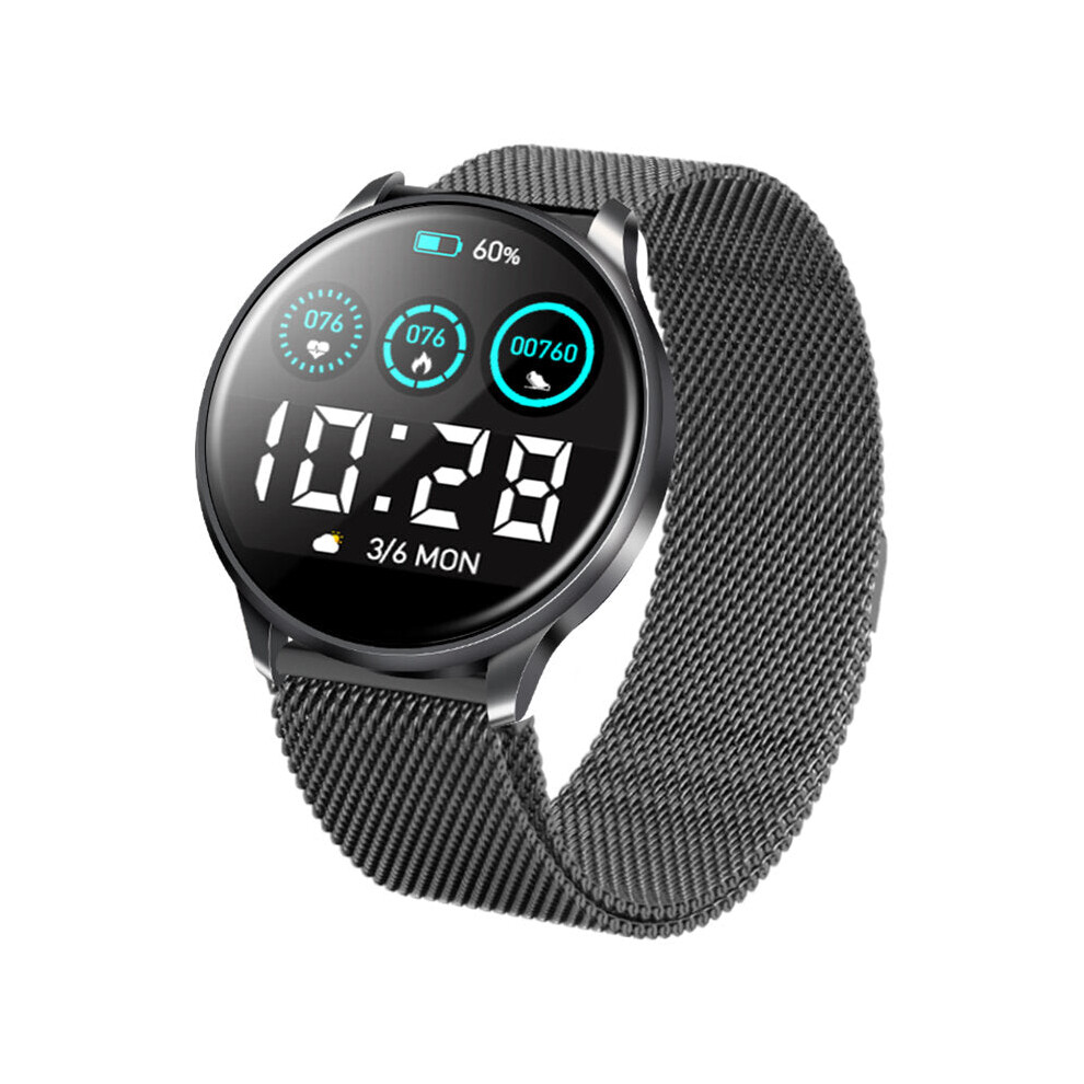 (Black-Milanese Steel) IPS Full Touch 8 Sports Mode Music Control Weather Blood Oxygen Monitor Smart Watch