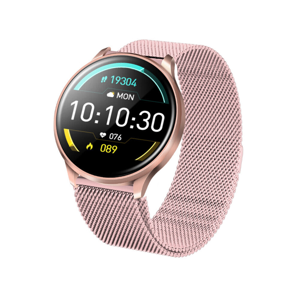 (Pink-Milanese Steel) IPS Full Touch 8 Sports Mode Music Control Weather Blood Oxygen Monitor Smart Watch