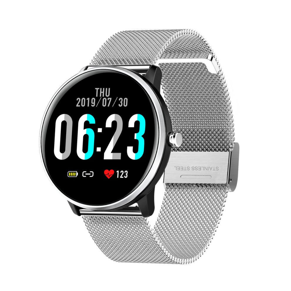 (Silver-Stainless Steel) 2.5D Full Touch Blood Pressure O2 IP68 Deep Waterproof 8 Sports Mode Weather Smart Watch