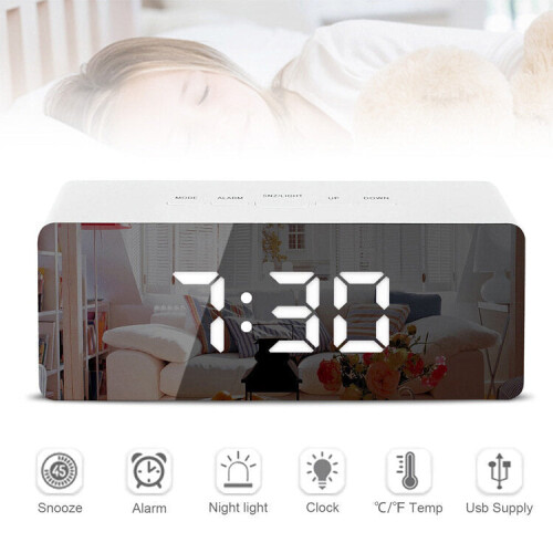 (White) Creative Mirror Alarm Clock LED Digital Display Multifunctional Battery Plug-in Dual-use Clock