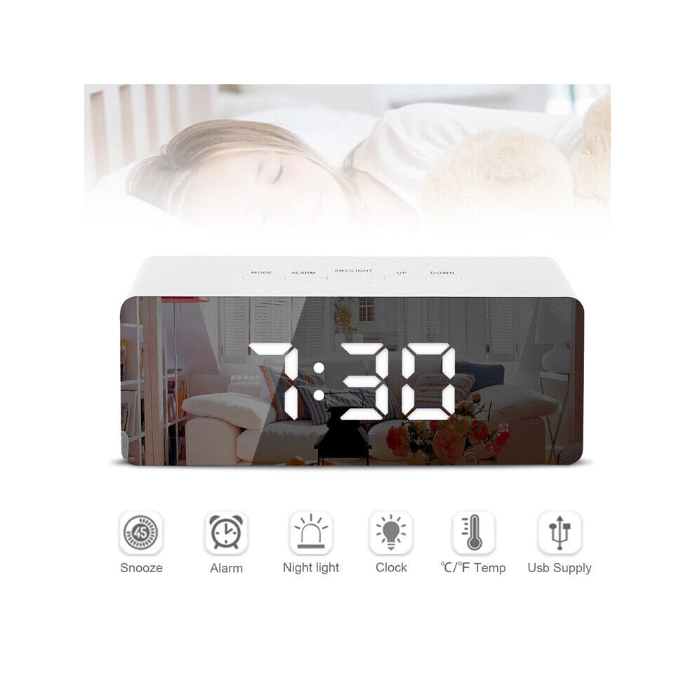 (White) Creative Mirror Alarm Clock LED Digital Display Multifunctional Battery Plug-in Dual-use Clock