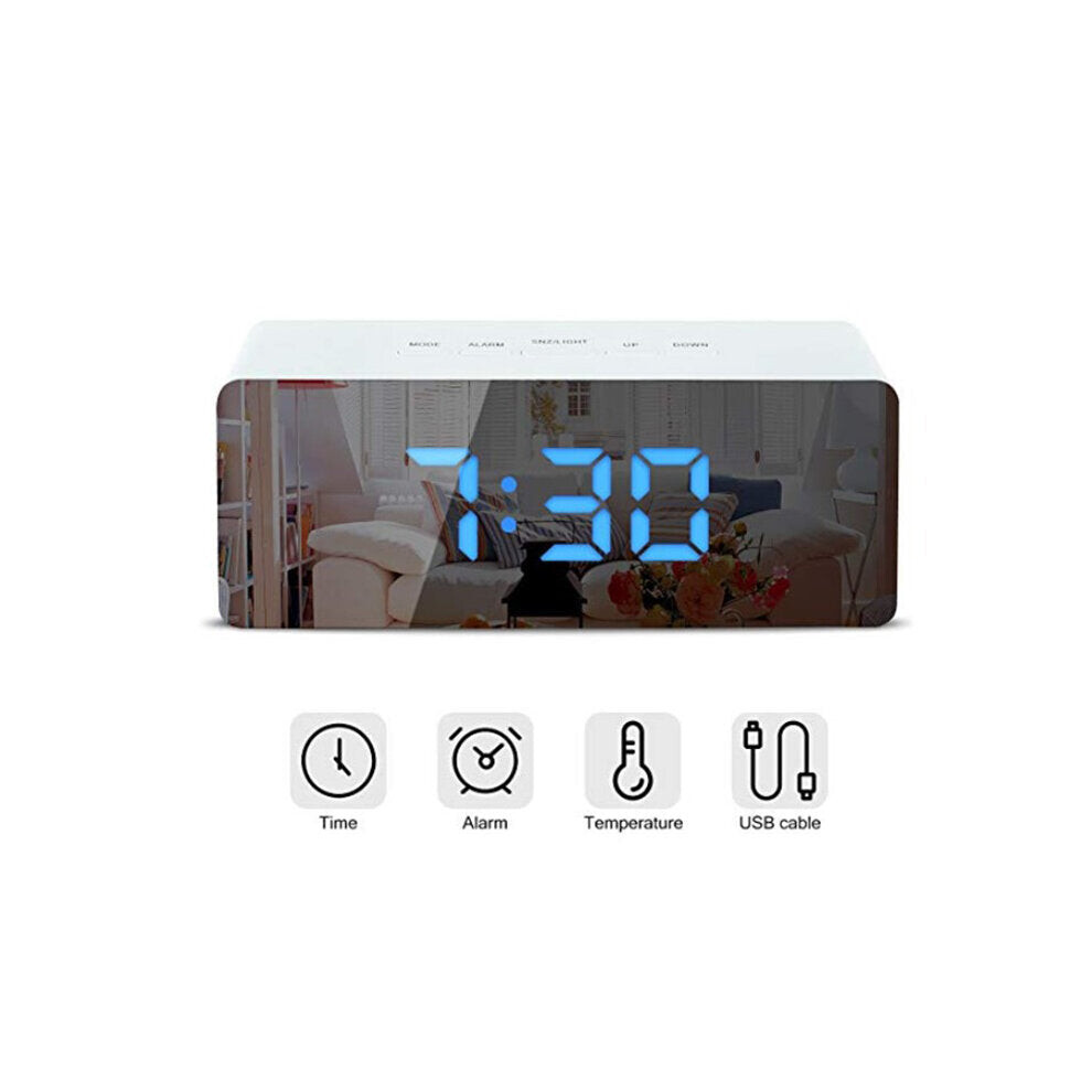 (Blue) Creative Mirror Alarm Clock LED Digital Display Multifunctional Battery Plug-in Dual-use Clock