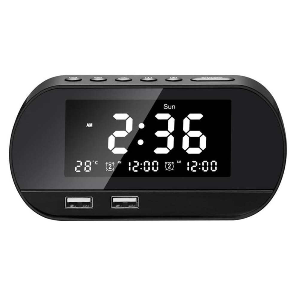 (Black) Dual USB LCD Digital Snooze Sleep Dimmer Alarm Clock For Bedrooms with Fm Radio