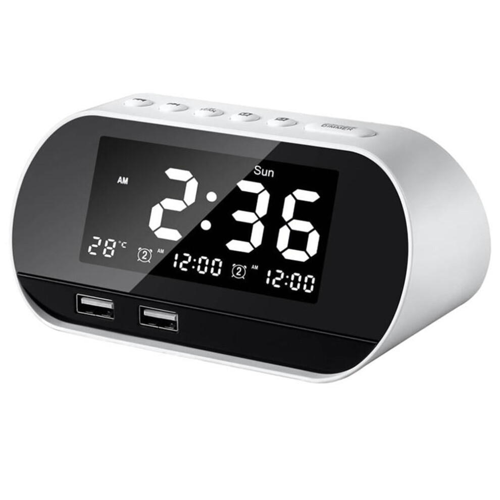 (White) Dual USB LCD Digital Snooze Sleep Dimmer Alarm Clock For Bedrooms with Fm Radio