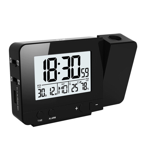 (Black) USB Electronic Projection Clock Wireless Color Screen Temperature & Humidity Weather Forecast Calendar Desktop Clock