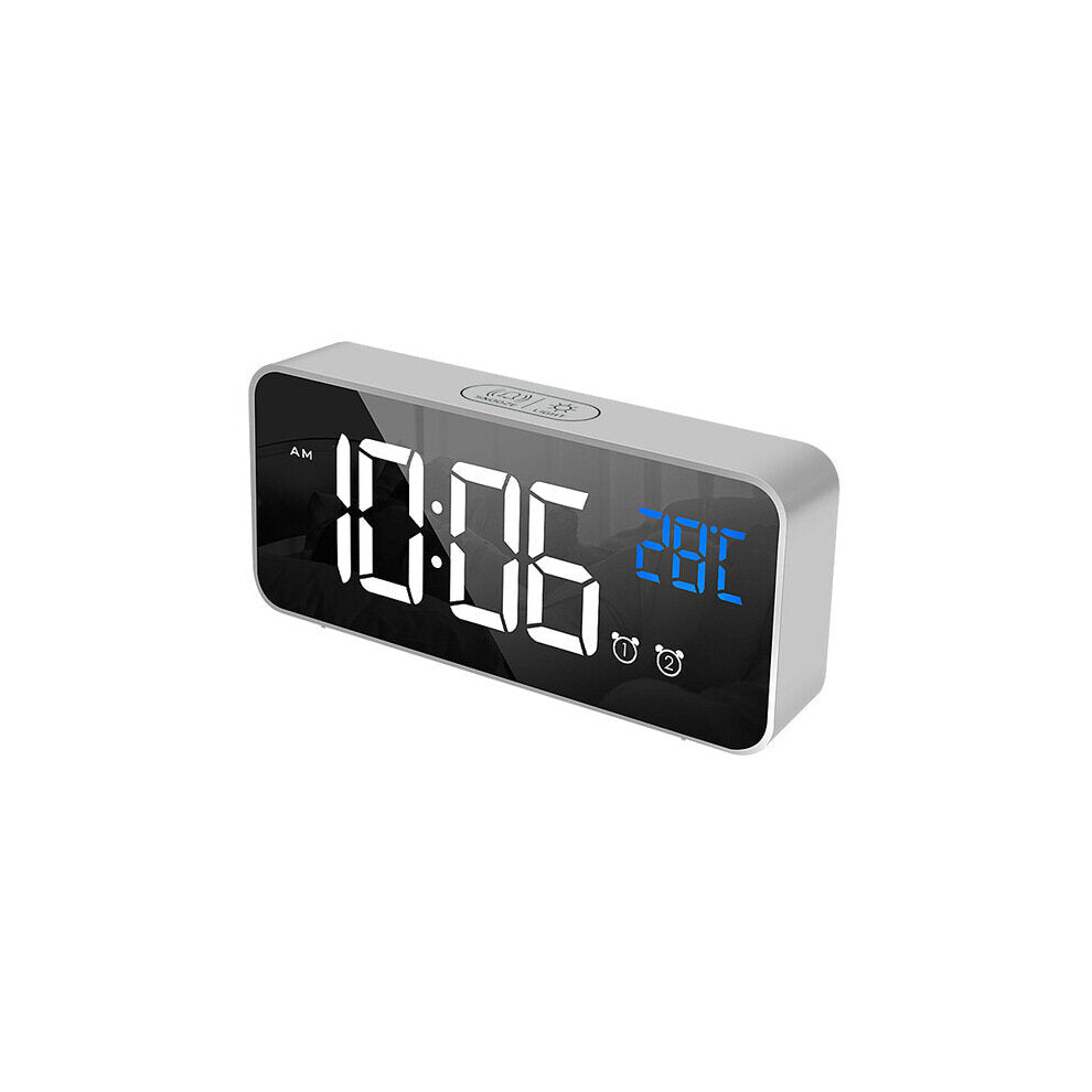 (Silver) Voice Control Alarm Clock Digital Snooze Mirror Timer LED Display Home Decoration Clocks