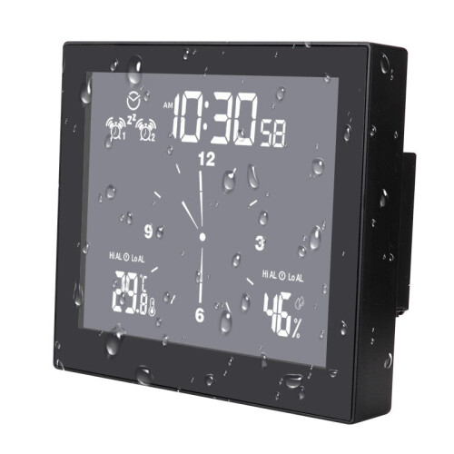(Black) Multifunctional Bathroom Temperature and Humidity Alarm Clock LCD Screen Waterproof Home Desktop Creative Timer
