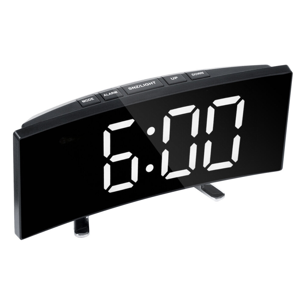 (White) LED Digital Alarm Clock Large Curved Mirror Screen Brightness Adjustable Electronic Time Date Temperature Display Table Clock