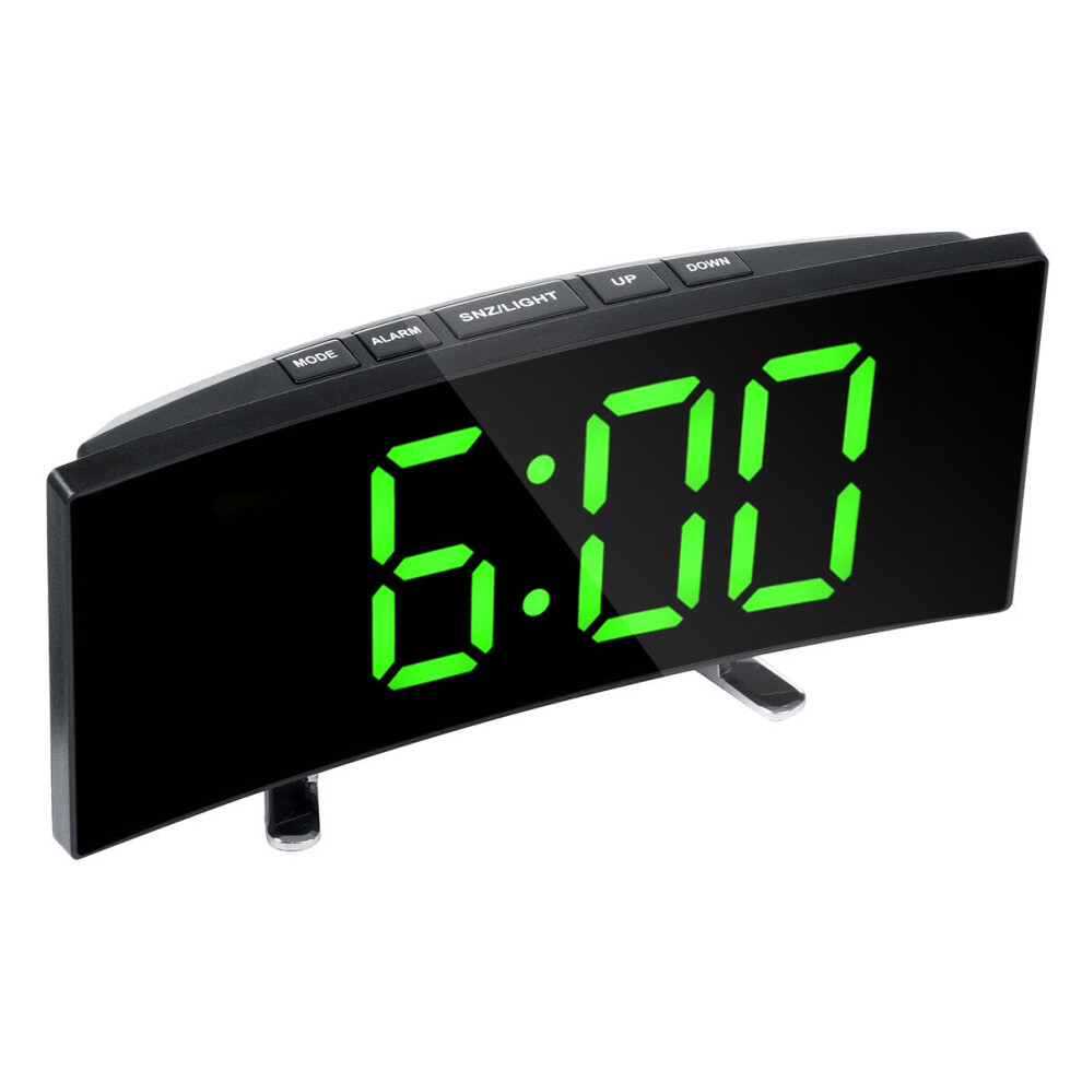 (Green) LED Digital Alarm Clock Large Curved Mirror Screen Brightness Adjustable Electronic Time Date Temperature Display Table Clock