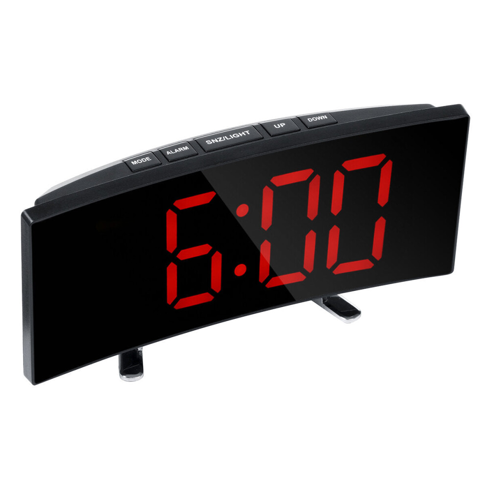 (Red) LED Digital Alarm Clock Large Curved Mirror Screen Brightness Adjustable Electronic Time Date Temperature Display Table Clock