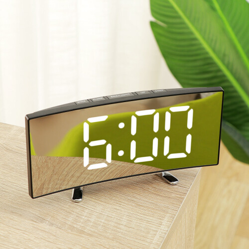 (White) LED Digital Alarm Clock Large Curved Mirror Screen Brightness Adjustable Electronic Time Date Temperature Display Table Clock 2